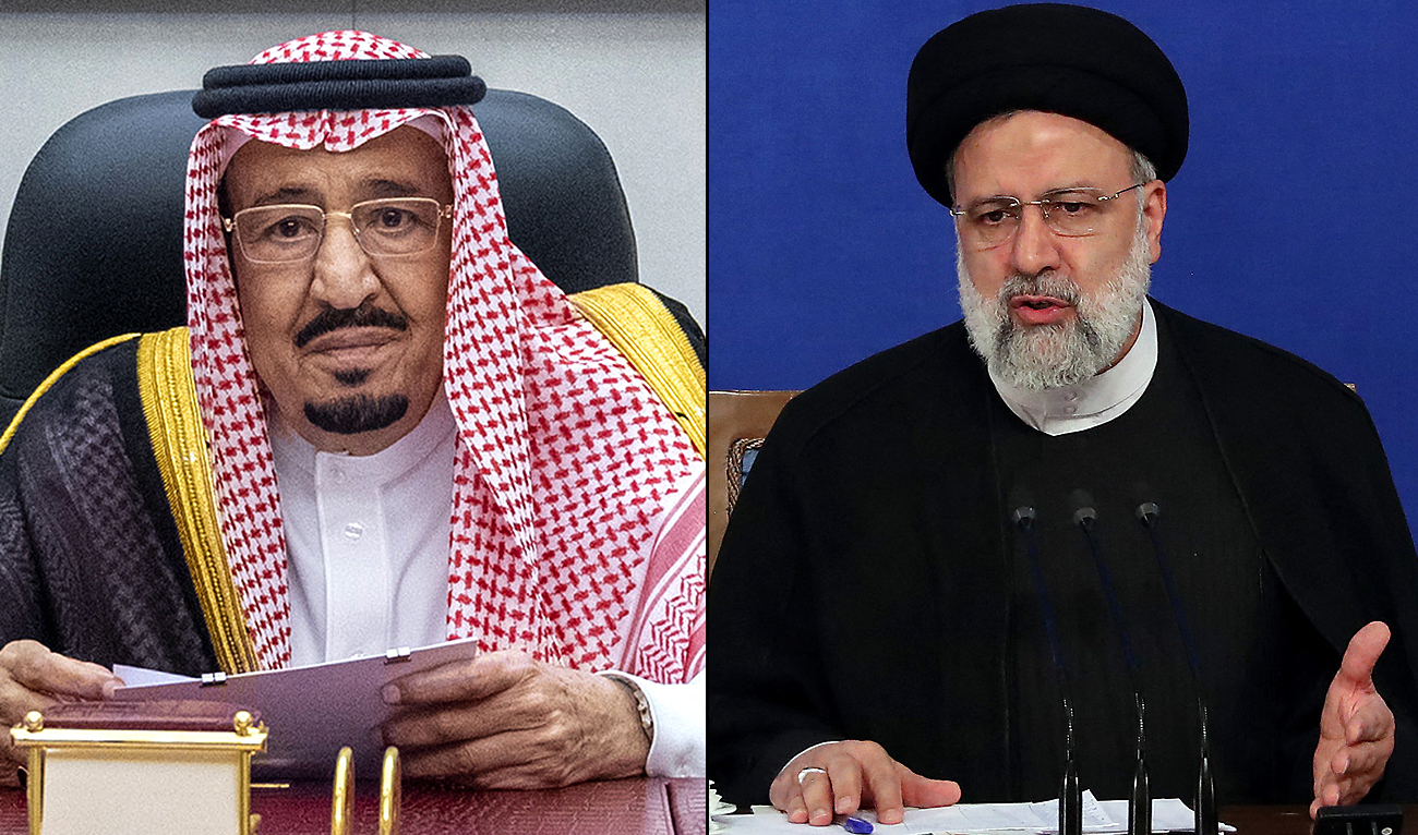 This combination of file pictures created on March 19, 2023, shows Saudi King Salman bin Abdulaziz (left) delivering a speech in Jeddah on October 16, 2022, and Iranian President Ebrahim Raisi (right) speaking during a press conference in Tehran on August 29, 2022. (Photos courtesy: AFP/File)