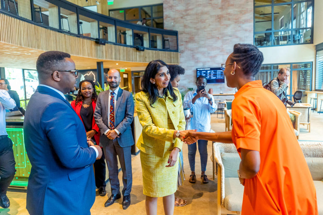 British Home Secretary Suella Braverman meets members of the Norrsken Foundation during her visit to Kigali, Rwanda, March 18, 2023. (Reuters)