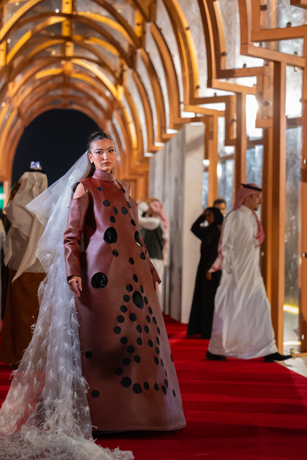 Saudi fashion brand Qormuz created a dress called Al-Dalam, inspired by pigeon houses, which received mixed reactions at the Saudi Cup 2023. (Supplied)