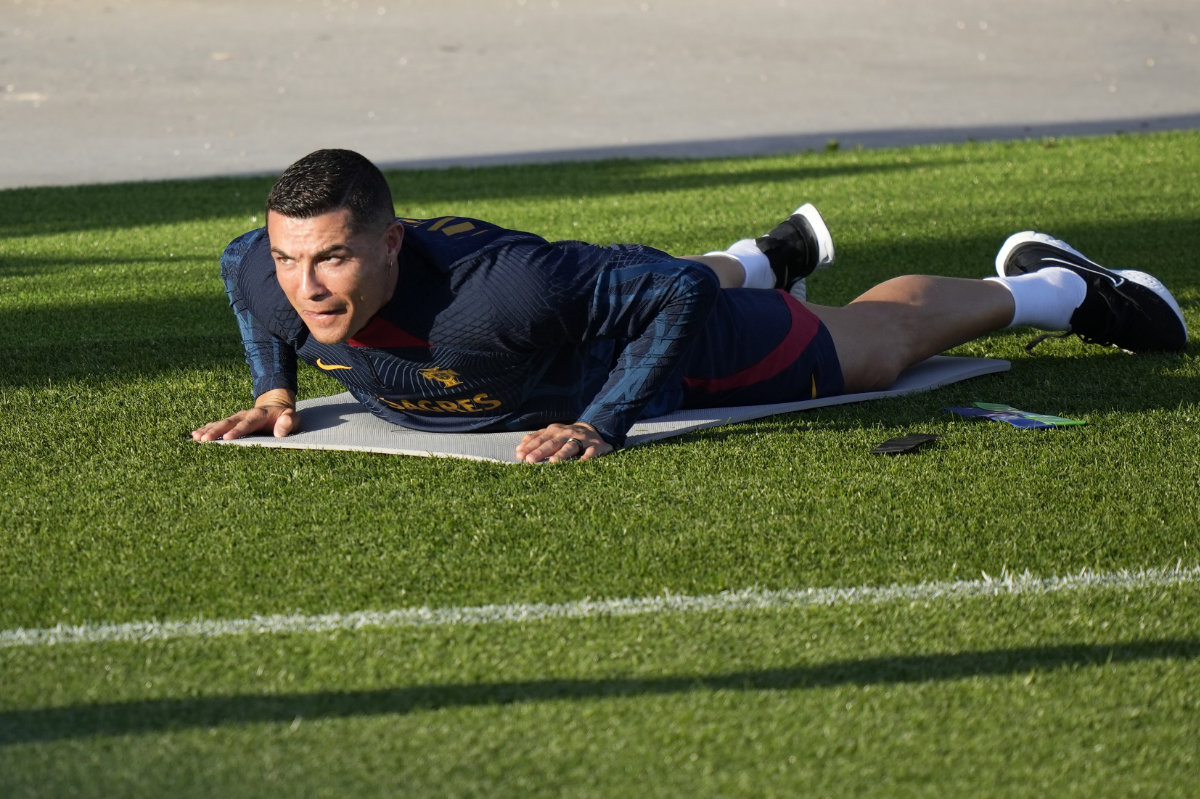 Portugal's Cristiano Ronaldo during a national football team training session in Oeiras, outside Lisbon, on March 20, 2023. (AP)