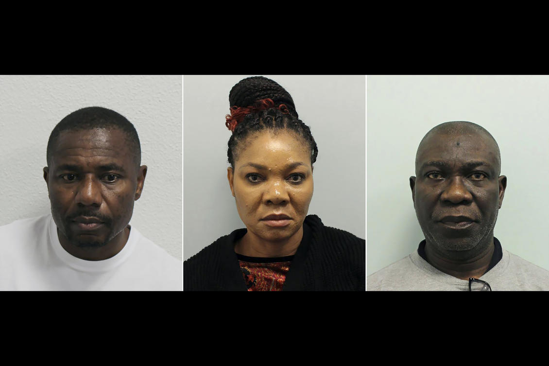 Handout photos provided by the Metropolitan Police show from right, Senator Ike Ekweremadu, 60, Beatrice Ekweremadu, 56, and Dr Obinna Obeta, 50. (AP)