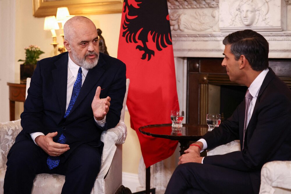 Britain’s PM Rishi Sunak meets with Albania’s PM Edi Rama inside 10 Downing Street, in London on Mar. 23, 2023. (AFP)