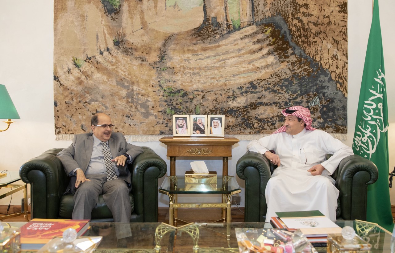 Dr. Ausaf Sayeed, secretary in charge of the Gulf region at the Indian Ministry of External Affairs, meets Saudi Foreign Affairs Deputy Minister Waleed bin Abdul Karim Al-Khereiji in Riyadh on March 20, 2023.(Saudi MoFA)