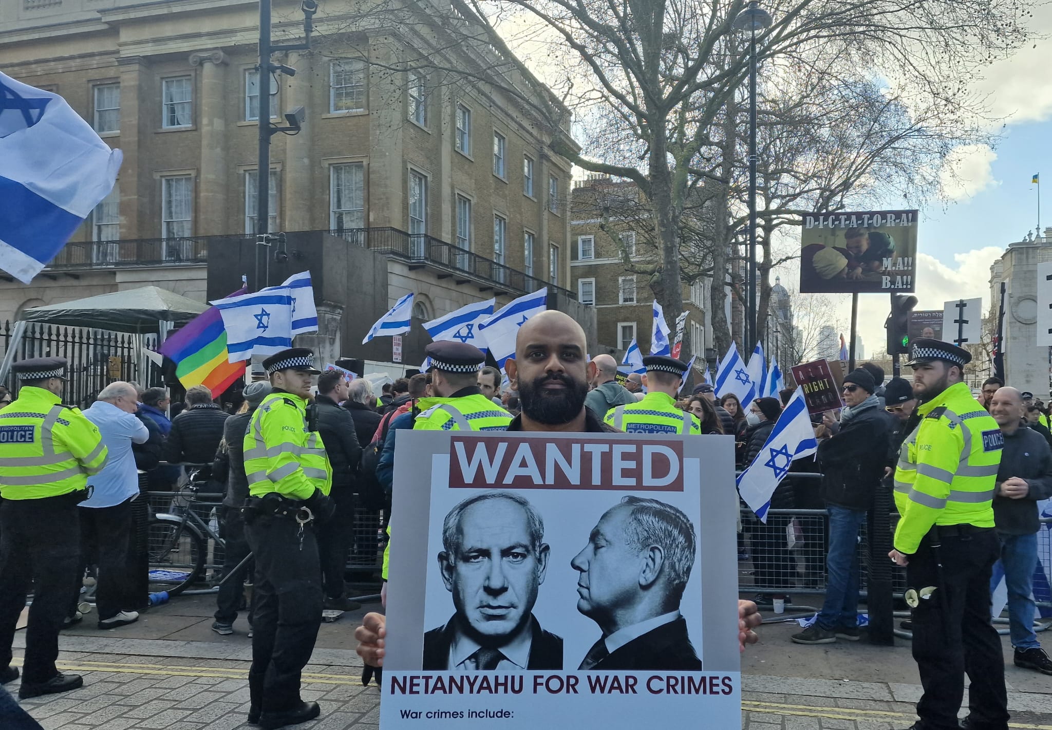 Pro-Palestinian activists staged a protest outside 10 Downing Street in London. (Supplied)