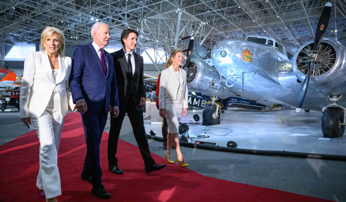 US President Joe Biden, first lady Jill Biden, Canada’s Prime Minister Justin Trudeau and his wife Sophie Gregoire Trudeau arrive at the Canadian Aviation and Space Museum in Ottawa on Friday. (AFP)