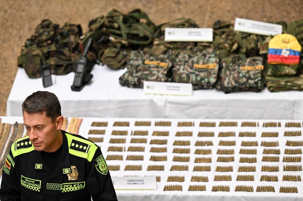 The director general of the Colombian National Police, Henry Sanabria, speaks during the presentation of a large arsenal confiscated to alleged dissidents of the Revolutionary Armed Forces of Colombia (FARC) during an operation in southwestern Colombia, during a press conference in Bogota on January 16, 2023. (File/AFP)