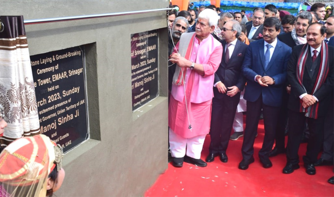 Manoj Sinha, Lieutenant Governor of Jammu and Kashmir, attends the ground-breaking ceremony for the $60 million Mall of Srinagar by Dubai's Emaar Group on March 19, 2023. (Lieutenant Governor office)