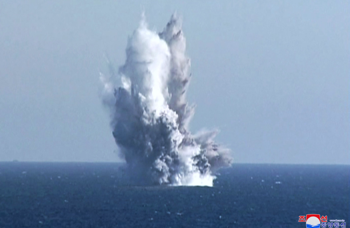 This picture taken on March 23, 2023 and released by North Korea's official Korean Central News Agency (KCNA) on March 24, 2023 shows the underwater nuclear strategic attack weapon system "Haeil" firing in the water off the coast of Riwon County of South Hamgyong Province, East Korea Bay. (AFP)