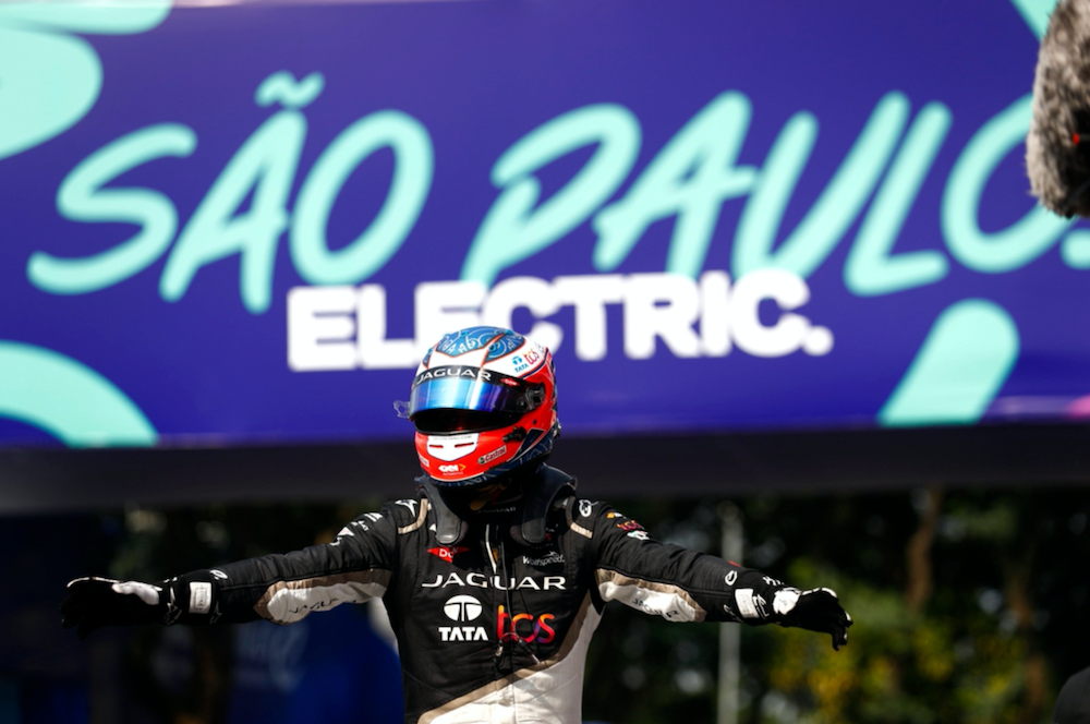 Mitch Evans celebrates victory in Brazil. (Formula E)