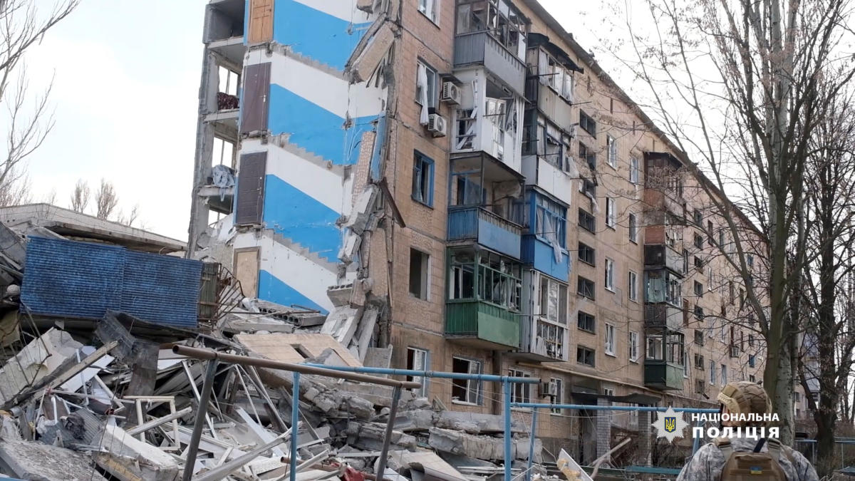 A view shows a damaged building, amid Russia’s attack on Ukraine, in Avdiivka, Donetsk region, on Mar. 28, 2023, in this still image obtained from a social media video. (Reuters)