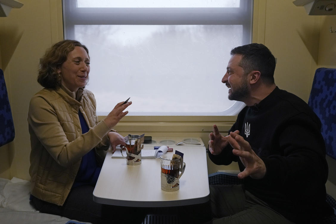 Ukrainian President Volodymyr Zelensky during an interview with Julie Pace, senior vice president and executive editor of The Associated Press, on a train traveling from the Sumy region to Kyiv, Ukraine. (AP)