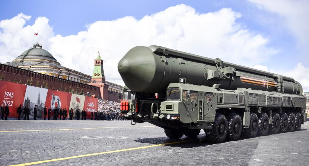A Russian Yars intercontinental ballistic missile launcher parades through Red Square during the Victory Day military parade in central Moscow (AFP)