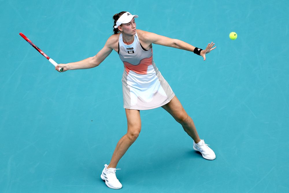 Elena Rybakin of Kazakhstan returns a shot to Martina Trevisan of Italy during the Miami Open at Hard Rock Stadium on Tuesday in Miami Gardens, Florida. (AFP)