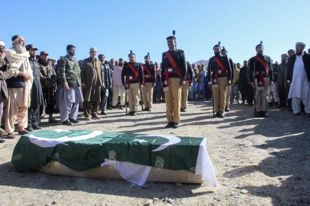 The Pakistani Taliban has been emboldened since the Afghan Taliban seized power in Afghanistan in 2021, resulting in upticks in attacks against government forces. Above, a funeral ceremony in January last year for a policeman slain by the militants. (AFP file photo)