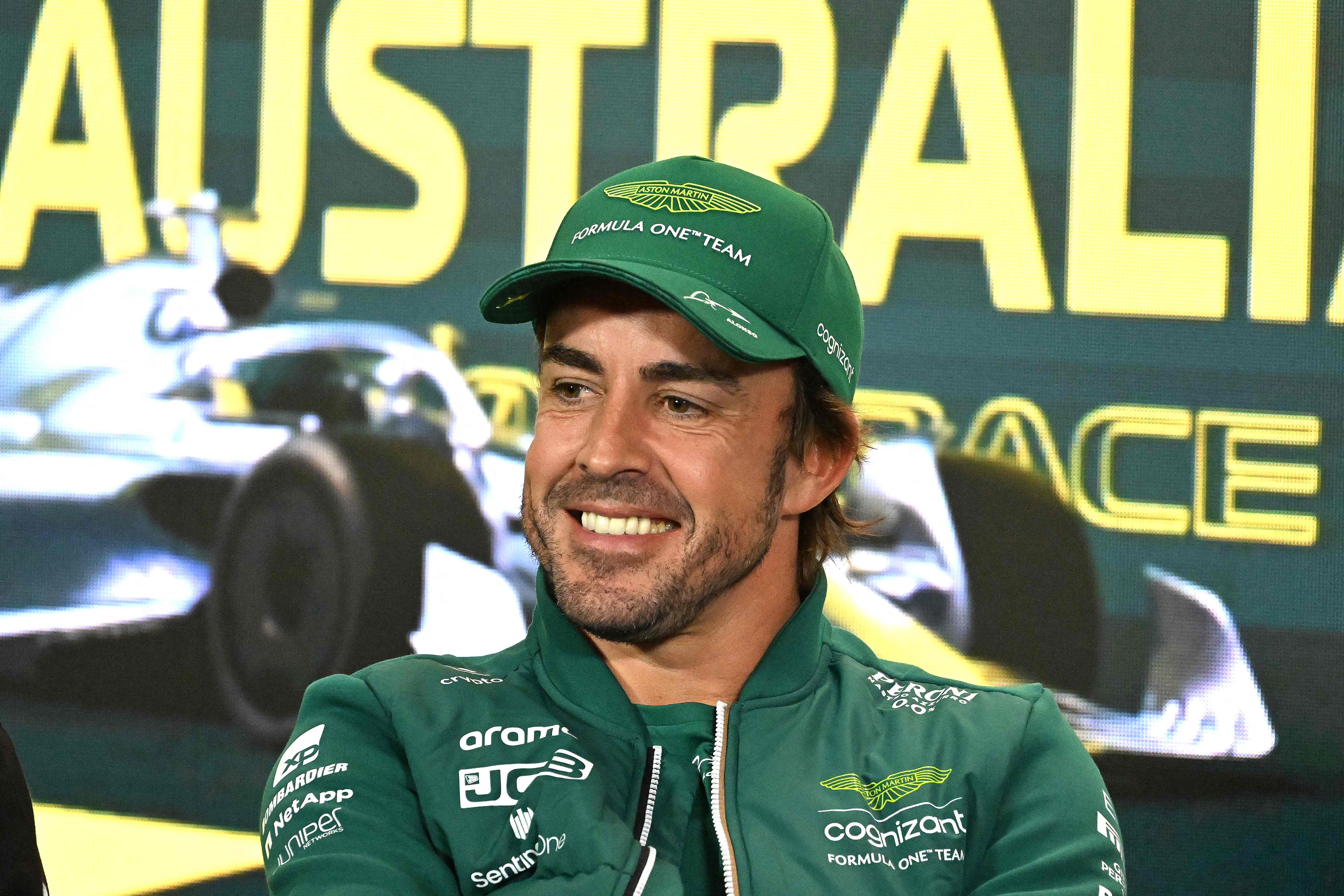 Aston Martin's Spanish driver Fernando Alonso speaks at a drivers press conference ahead of the 2023 Formula One Australian Grand Prix at the Albert Park Circuit in Melbourne. (AFP)