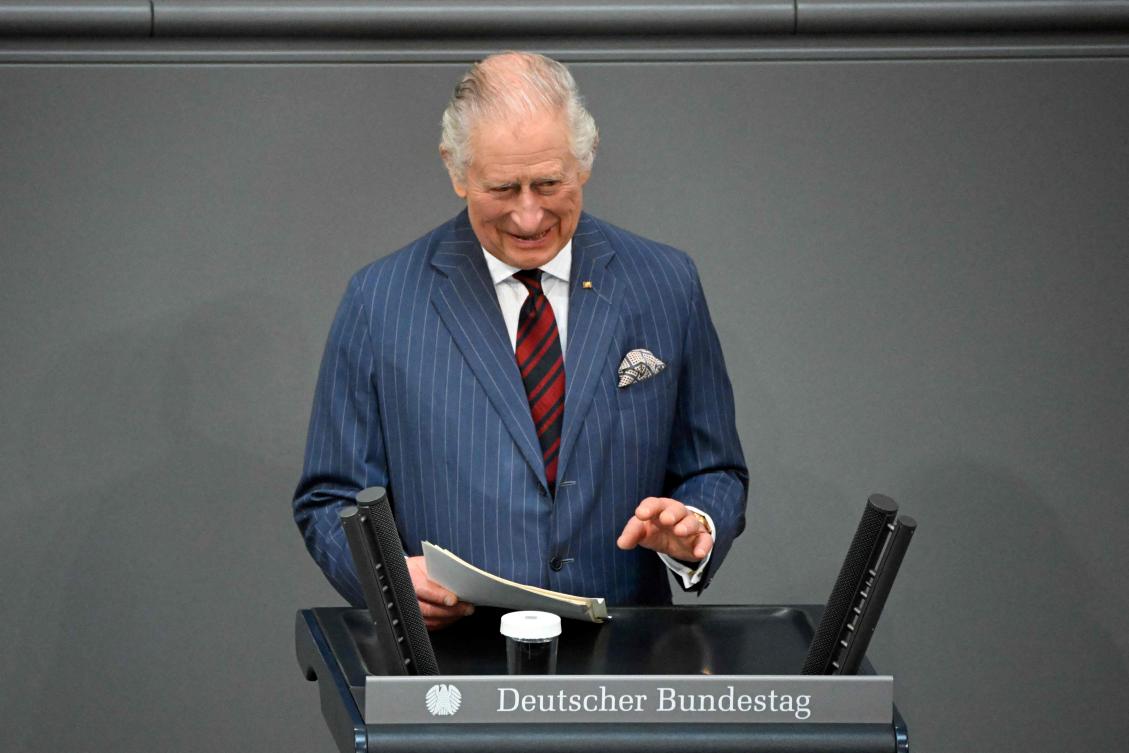 Britain's King Charles III delivers speech at the Bundestag (lower house of parliament) in Berlin as part of his three-day tour in Germany for his first state visit as king. (AFP)