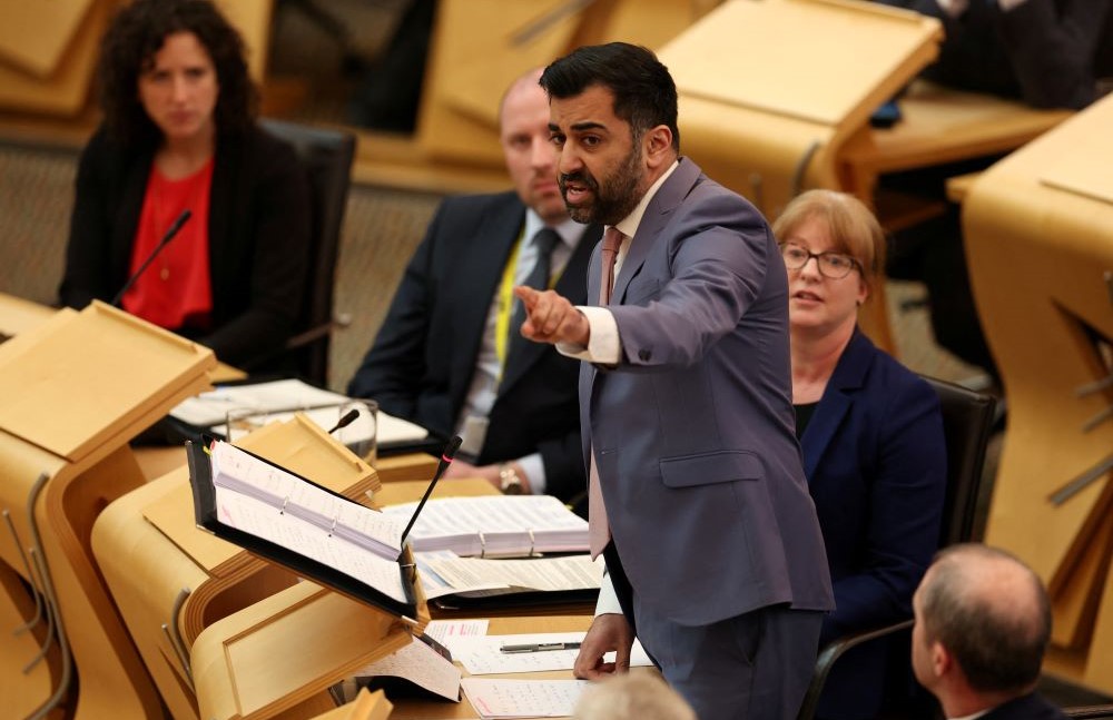 Scotland’s First Minister Humza Yousaf attends First Minister’s Questions in the Scottish Parliament at Holyrood, Edinburgh, Scotland, Britain, March 30, 2023. (Reuters)