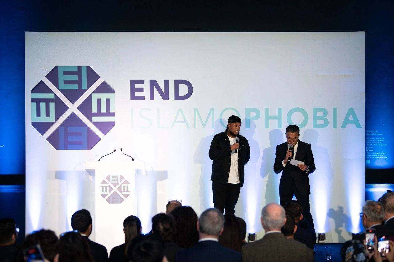 Adil Ray OBE on stage with Youtube personality Chunkz at the End Islamophobia campaign launch in London. (Rooful Ali)
