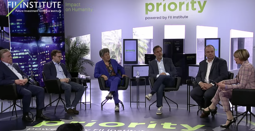 Business leaders and former ministers during a panel discussion at the Future Investment Initiative’s Priority conference in Miami on Thursday. (Screenshot/FII Priority)
