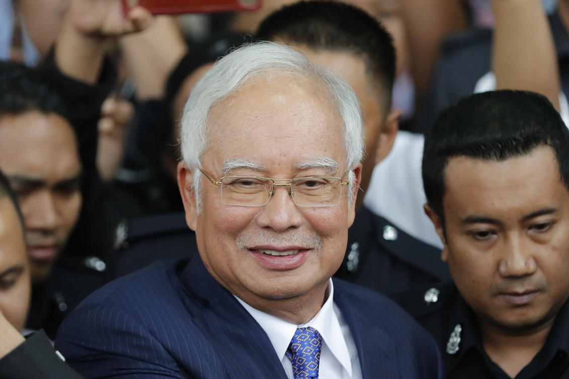 Najib Razak became the first Malaysian premier to be imprisoned after Malaysia’s Federal Court upheld a guilty verdict and 12-year prison sentence handed down to him by a lower court. (AP)