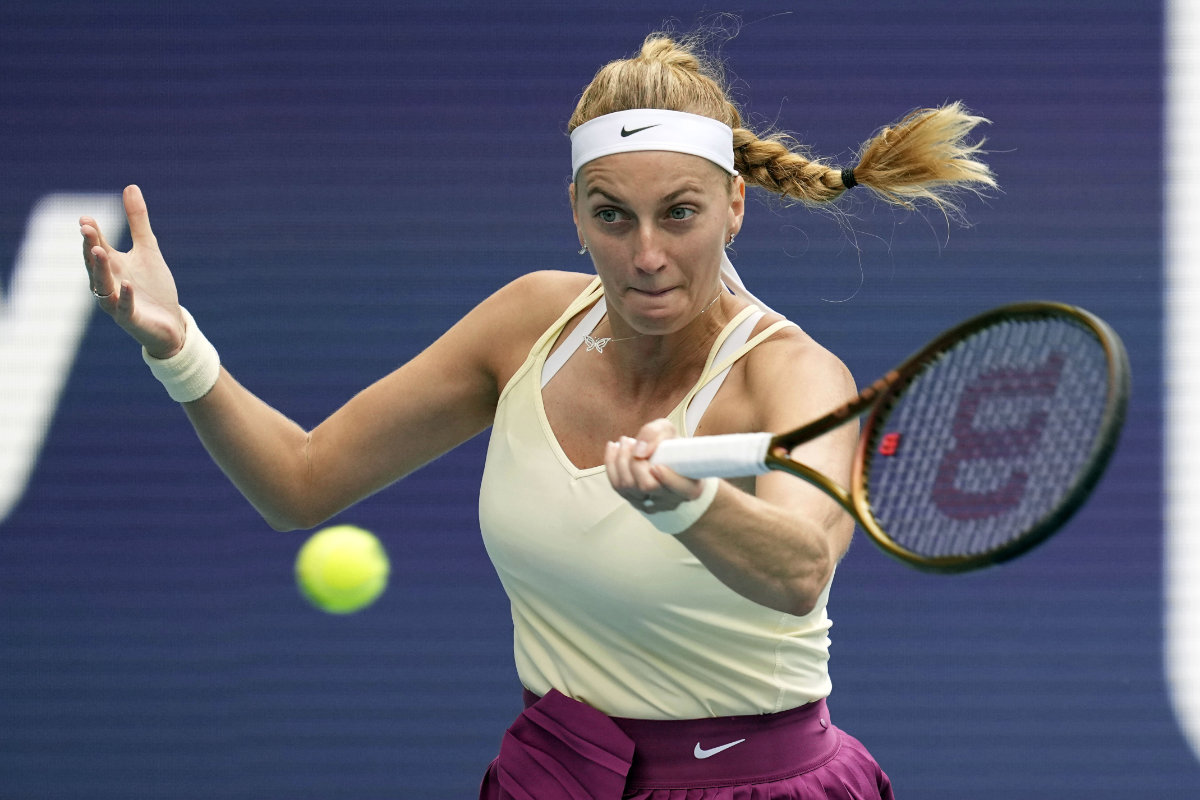 Petra Kvitova returns a volley against Sorana Cirstea in the second set of a match at the Miami Open tennis tournament on March 31, 2023, in Miami Gardens, Florida. (AP Photo/Jim Rassol)