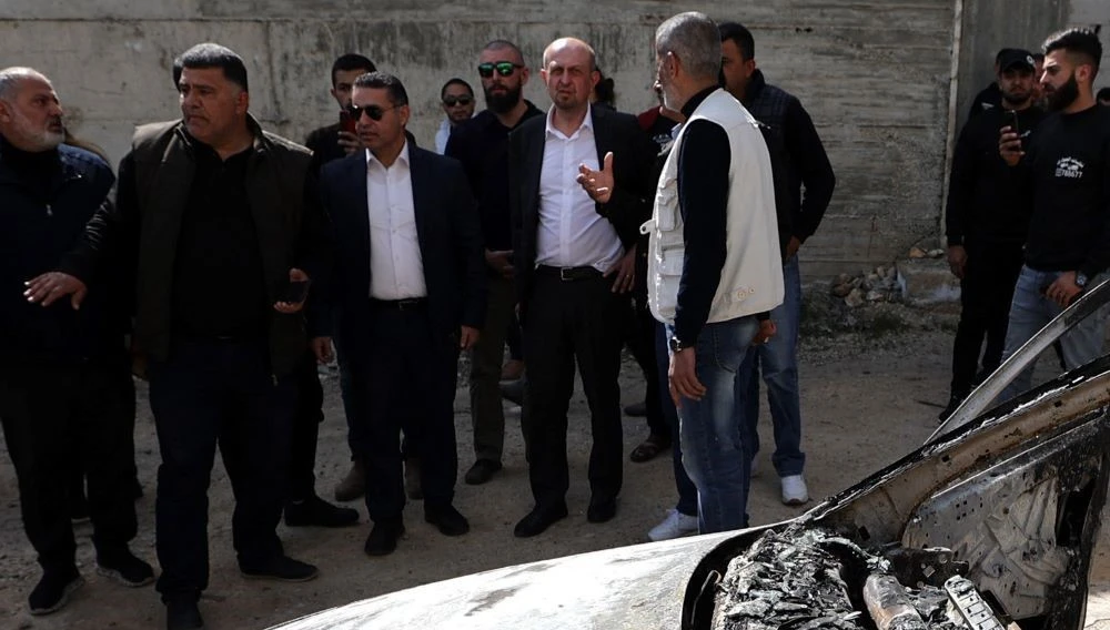 US Special Representative for Palestinian Affairs Hady Amr, center, in Huwara, West Bank, Feb. 28, 2023. (AFP)