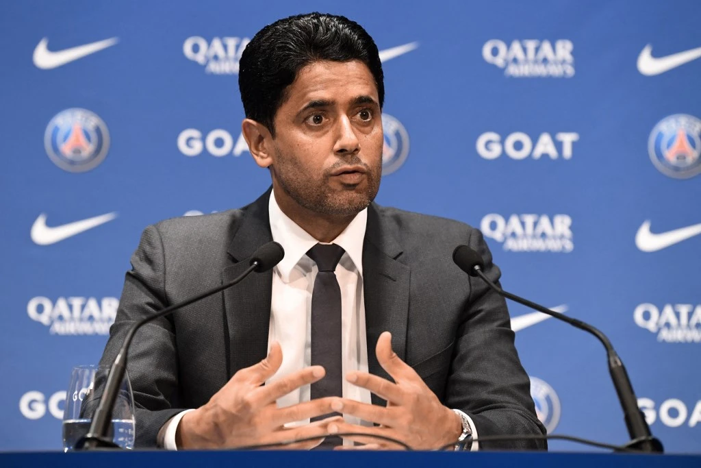 French L1 football club Paris Saint-Germain’s President Nasser Al-Khelaifi attends a press conference in Paris. (File/AFP)