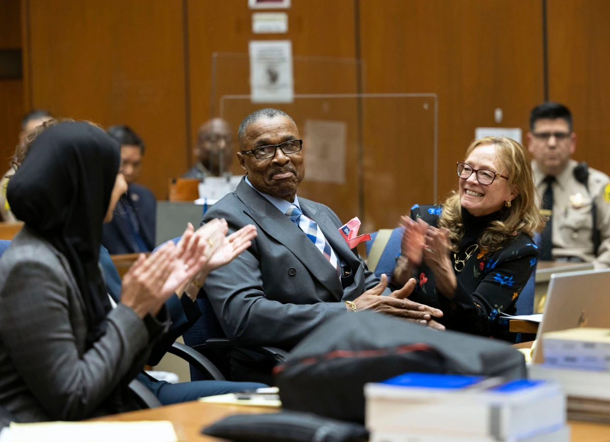 Maurice Hastings is applauded at a court in Los Angeles where a judge officially found him to be factually innocent on March 1, 2023. (Cal State LA News Service via AP, Pool)