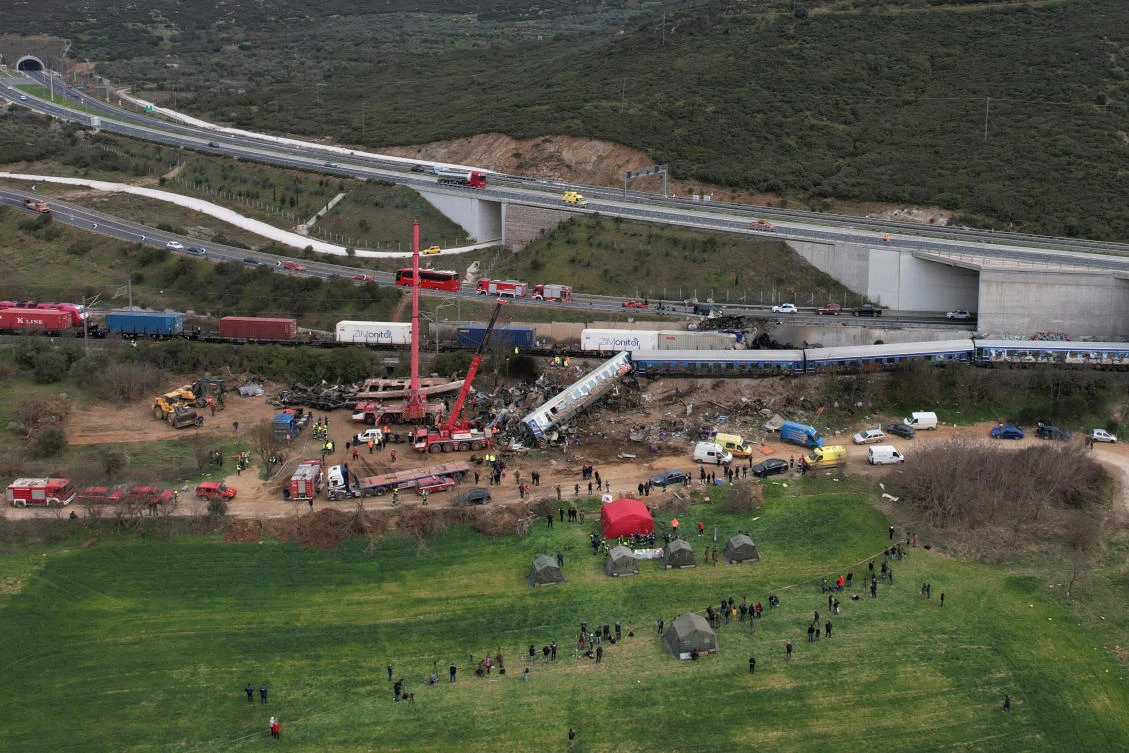 A general view of the site of a crash, where two trains collided, near the city of Larissa, Greece, March 1, 2023. (Reuters)