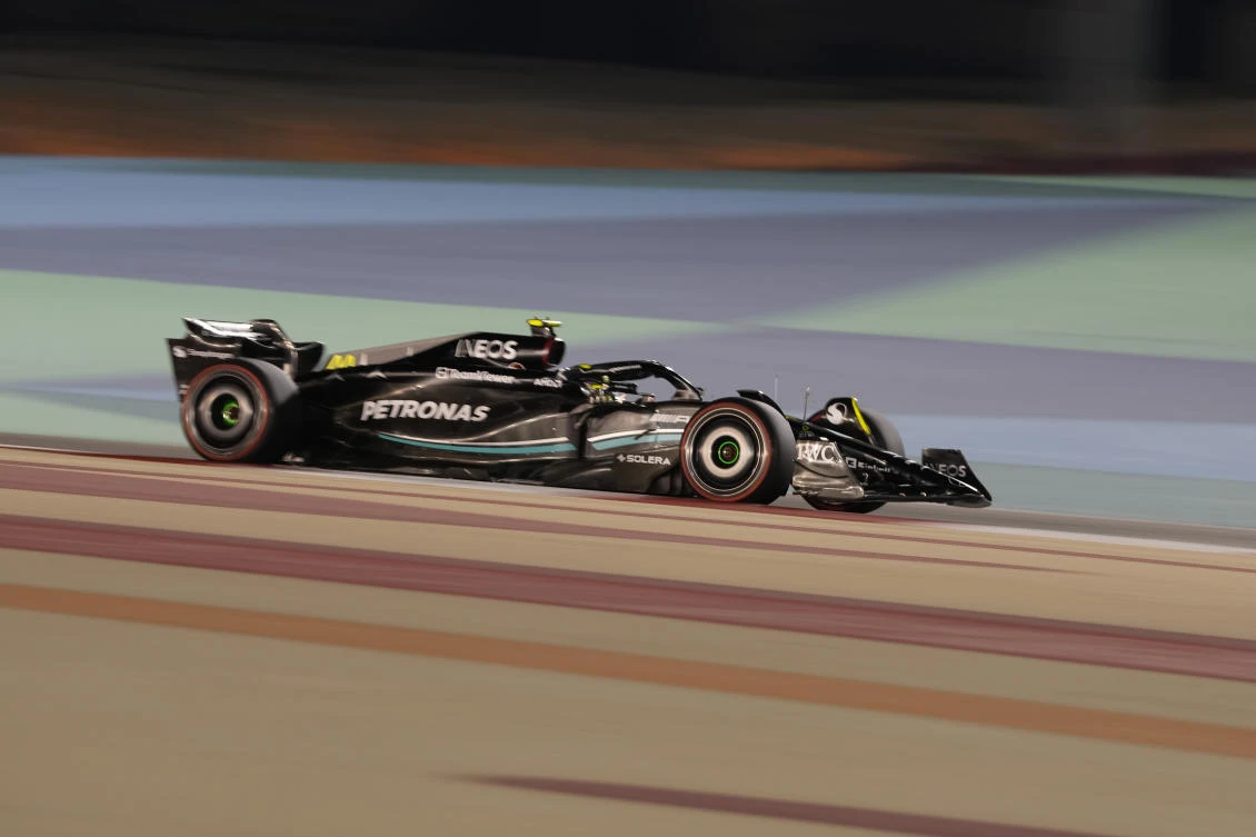 Mercedes driver Lewis Hamilton of Britain in action during practice for the Bahrain Grand Prix in Sakhir, Mar. 3, 2023. (AP)