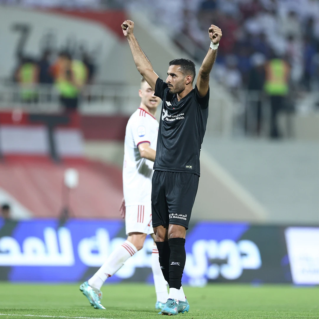 Al-Jazira's Ali Mabkhout celebrates scoring in the 3-2 win over Sharjah (Twitter/AlJaziraFC_EN)