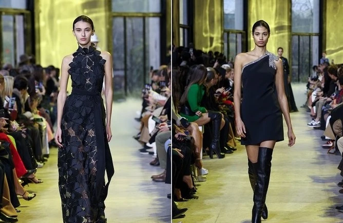 Saudi model Amira Al-Zuhair (left) and Moroccan Italian model Malika El-Maslouhi hit the catwalk for Elie Saab. (Getty Images)