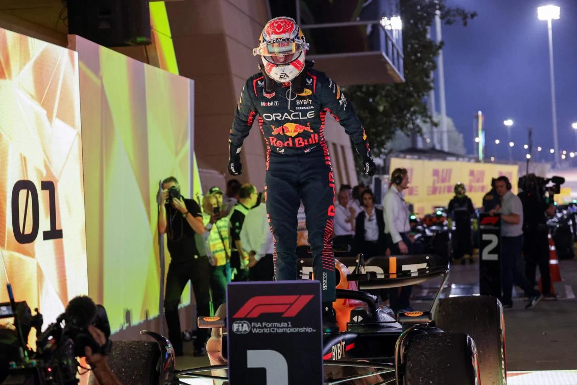 Red Bull Racing’s Dutch driver Max Verstappen reacts as he exits his car after winning the Bahrain Formula One Grand Prix at the Bahrain International Circuit in Sakhir on March 5, 2023. (AFP)
