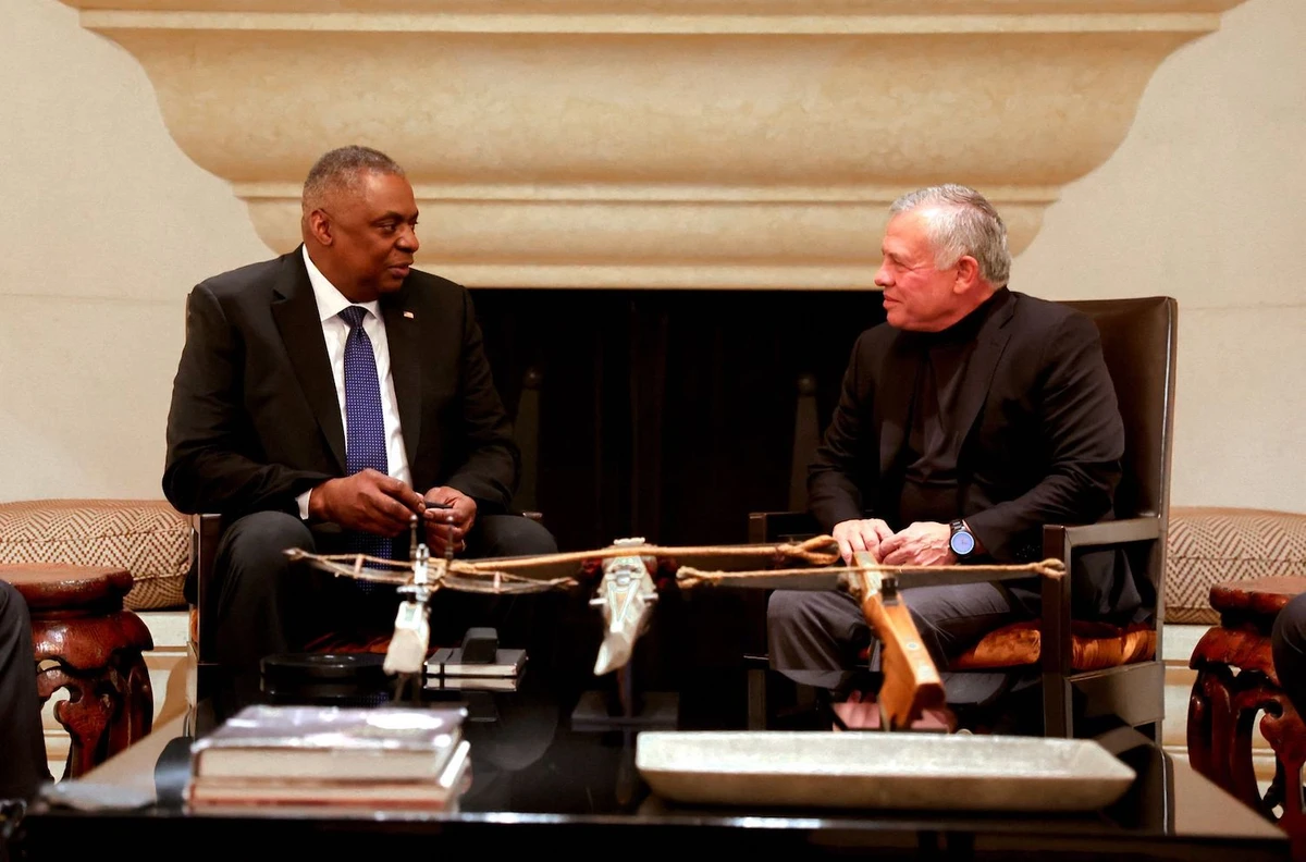 King Abdullah II meets with US Secretary of Defense Lloyd Austin in Amman on March 5, 2023. (AFP)