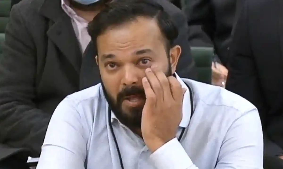 Former Yorkshire cricketer Azeem Rafiq fights back tears while speaking to a digital, culture, media and sport committee in 2021. (AFP/File Photo)