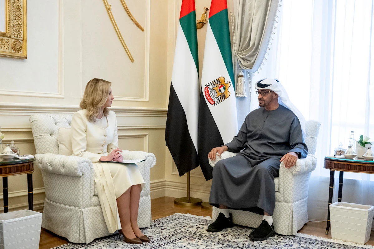 UAE President Sheikh Mohammed bin Zayed Al-Nahyan and Ukraine’s First Lady Olena Zelenska in Abu Dhabi. (WAM)