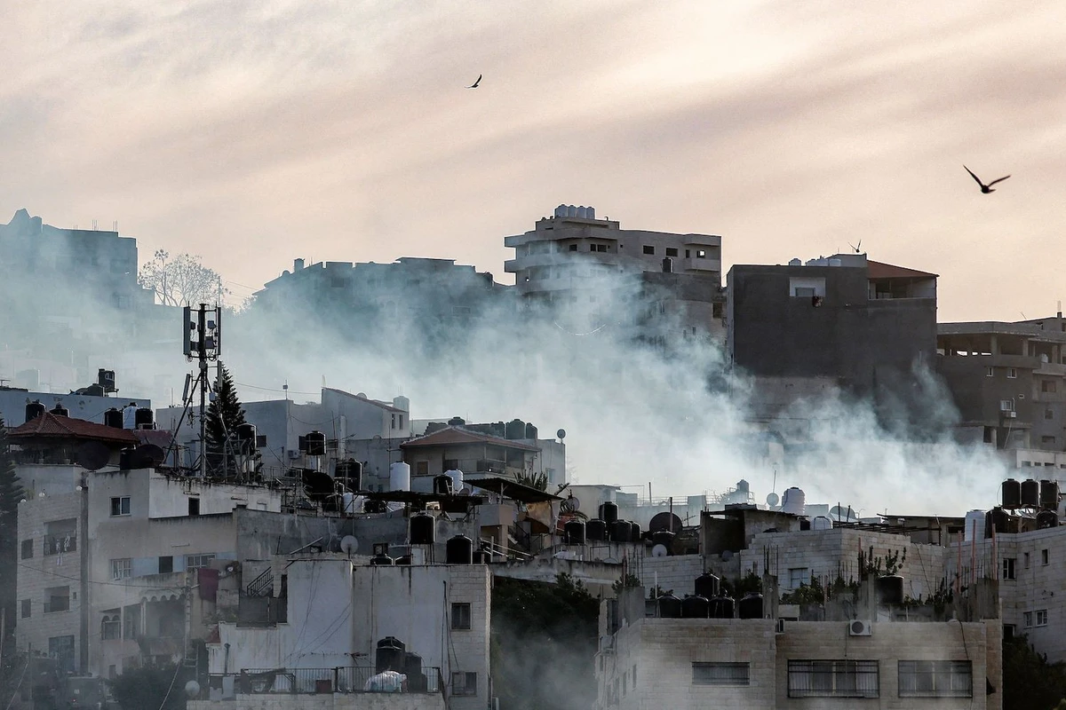 Birds fly as smoke plumes billow during an Israeli army raid in the Jenin camp for Palestinian refugees in the occupied West Bank on March 7, 2023. (AFP)