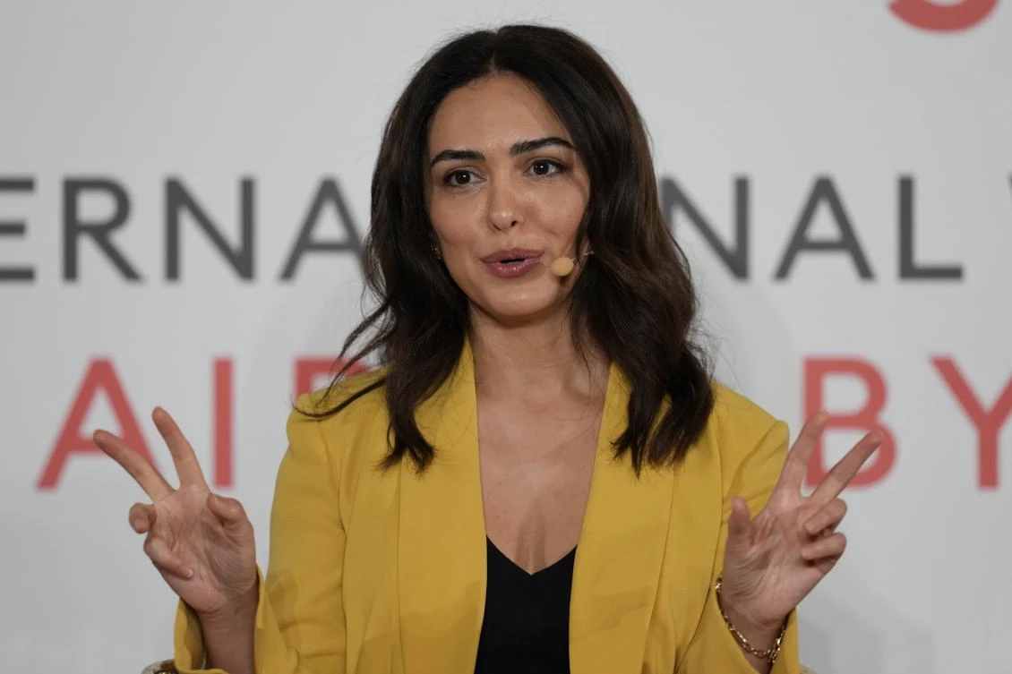 Actor Nazanin Boniadi talks during the International Women’s Day in Abu Dhabi on March 8, 2023. (AP)