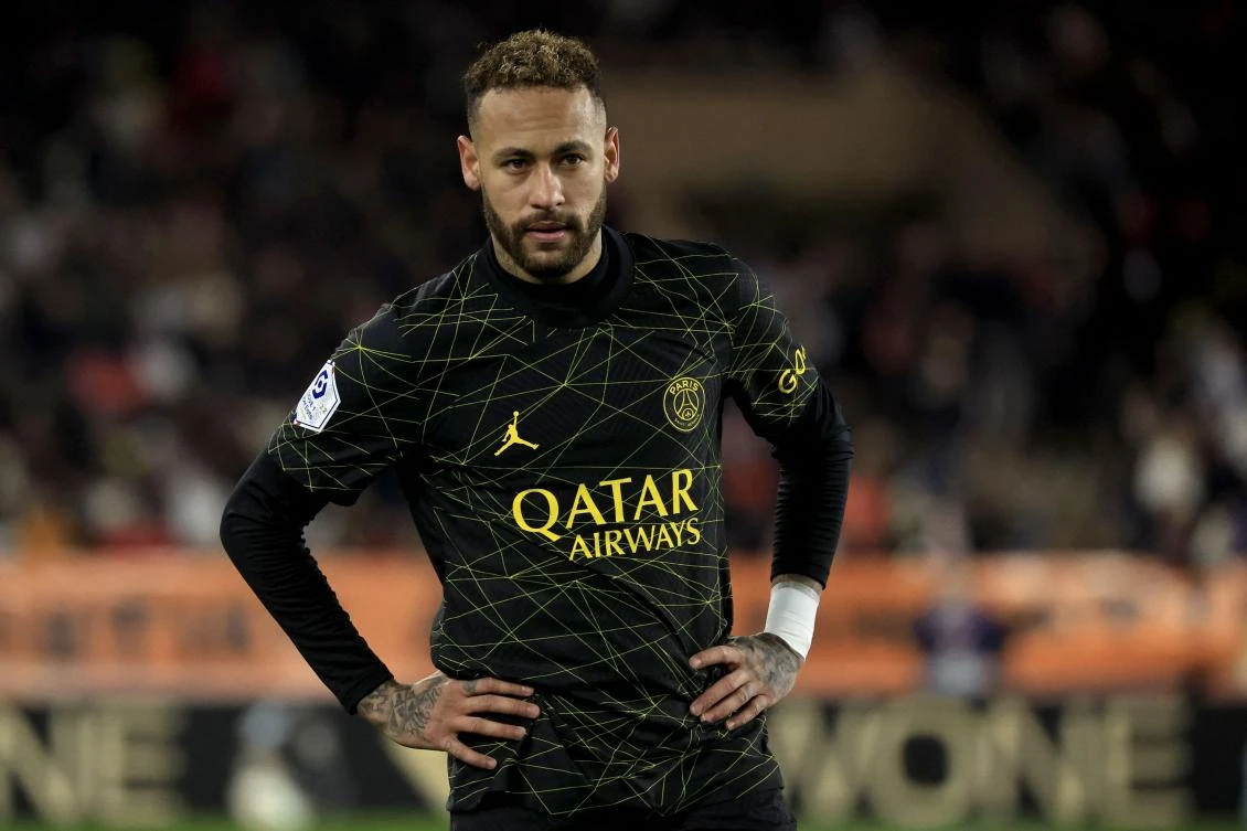 In this file photo taken on Feb. 11, 2023, PSG’s Brazilian forward Neymar reacts during the French L1 match against Monaco at the Louis II stadium in Monaco. (AFP)