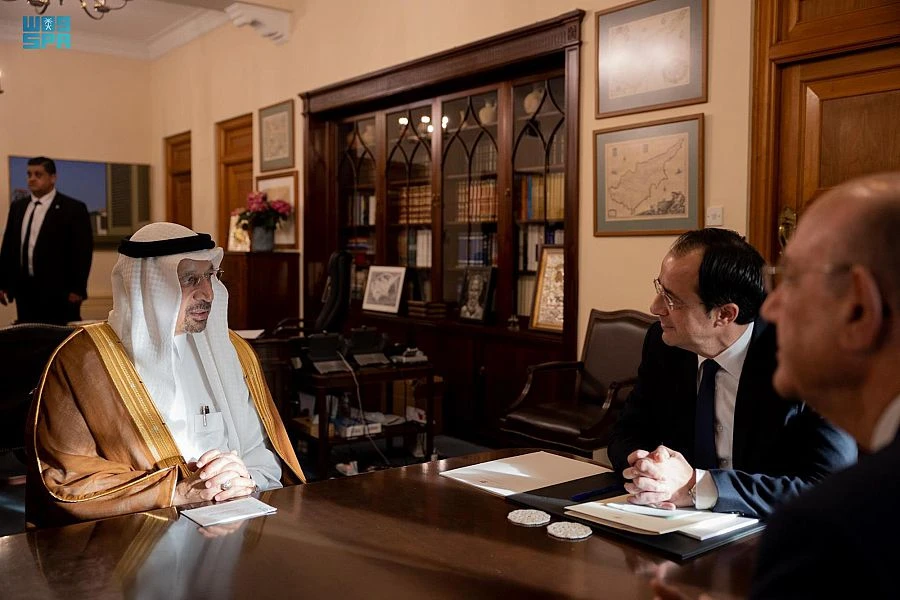 Cypriot President Nikos Christodoulides received Saudi Minister of Investment Khalid Al-Falih. (SPA)