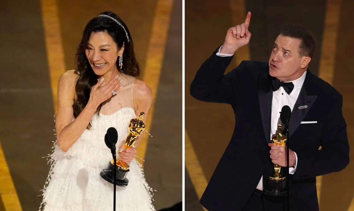 Michelle Yeoh (left) accepts the award for best actress in a leading role for "Everything Everywhere All at Once" and Brendan Fraser for best actor for "The Whale" at the Oscars on March 12, 2023, at the Dolby Theatre in Los Angeles. (AP & Reuters photos))