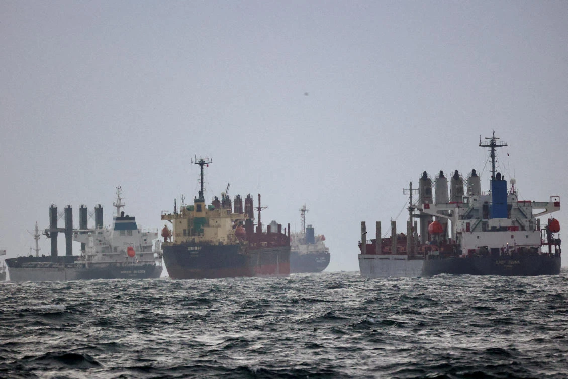 Vessels await inspection under the Black Sea Grain Initiative in the southern anchorage of the Bosphorus in Istanbul, Turkiye on Dec. 11, 2022. (Reuters)