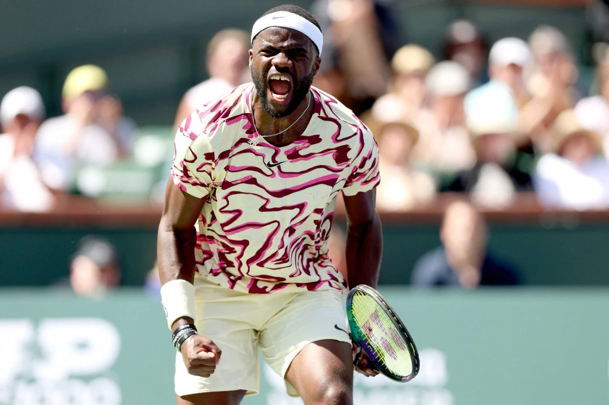 Frances Tiafoe of the US celebrates match point against Cameron Norrie of Great Britain during the BNP Paribas Open at the Indian Wells Tennis Garden on March 15, 2023, in Indian Wells, California. (Getty Images / AFP)