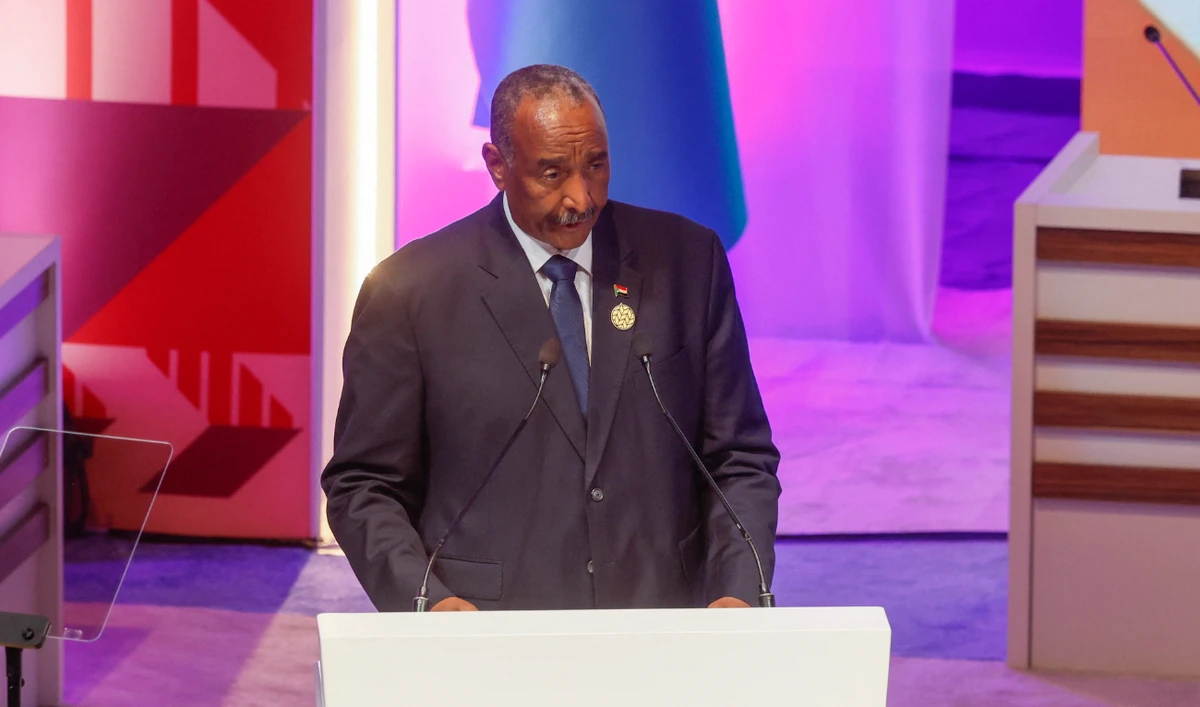 Sudan's army chief Abdel Fattah al-Burhan speaks during the 5th Conference on the Least Developed Countries (LDC5) in Doha on March 4, 2023. (AFP/File)