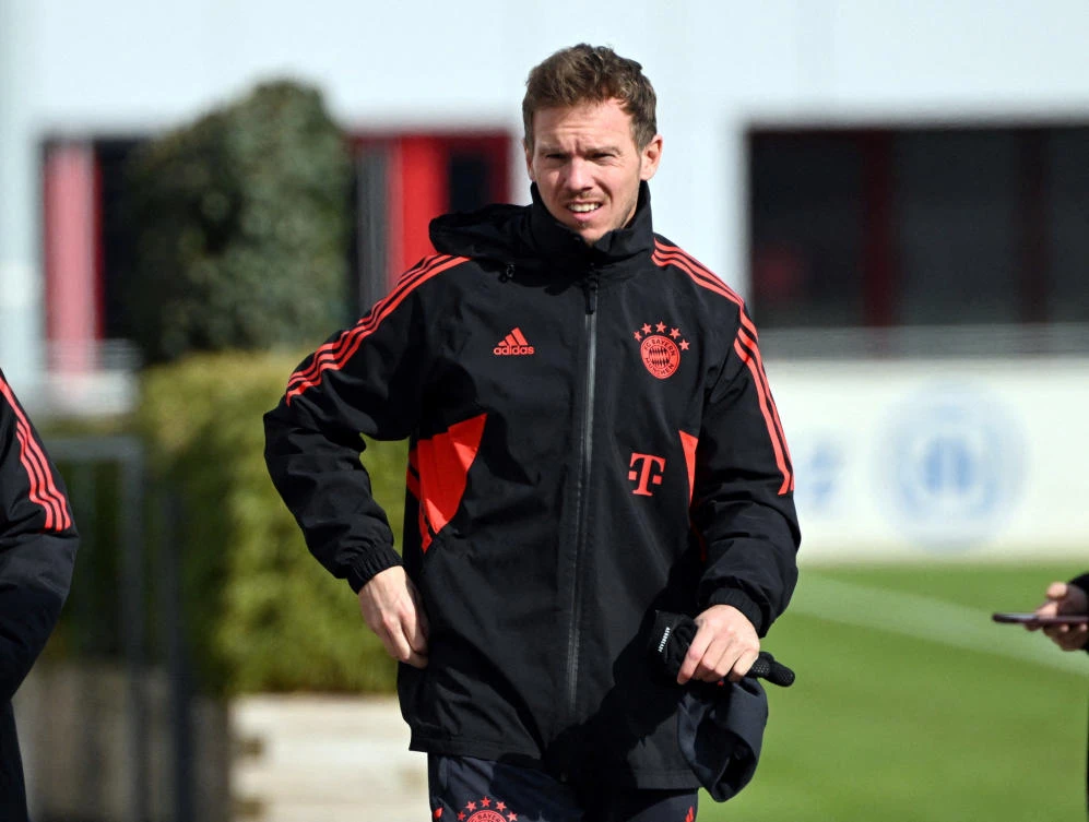 Bayern Munich coach Julian Nagelsmann during training at Bayern Munich Training — Saebener Strasse, Munich on Mar. 7, 2023. (Reuters)