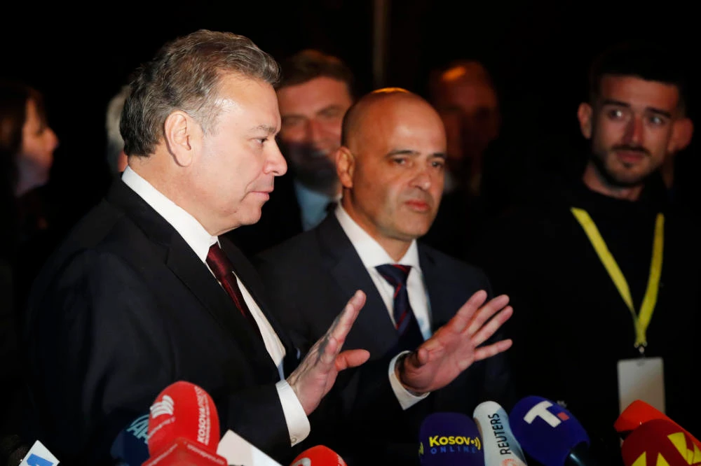 Special Representative to the Western Balkans, U.S. Deputy Assistant Secretary Gabriel Escobar, left, talks to the media in presence of North Macedonia's Prime Minister Dimitar Kovacevski, center, after the high-level meeting between Serbia's President Aleksandar Vucic and Kosovo's Prime Minister Albin Kurti, at North Macedonia's lakeside resort of Ohrid, on Saturday, March 18, 2023. (AP)
