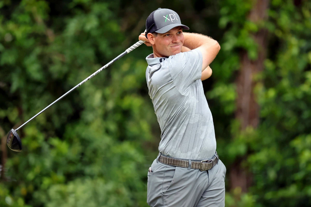 Adam Schenk tees off on the 11th hole during the third round of the Valspar Championship golf tournament Saturday, March 18, 2023, at Innisbrook in Palm Harbor, Fla. (AP Photo/Mike Carlson)