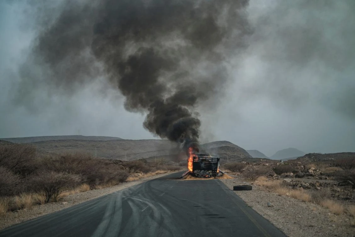 In this file photo taken on June 10, 2022 a truck, carrying grains to Tigray and belonging to the World Food Programme (WFP), burns out on a route 80 kilometers from the Semera, Ethiopia. (File/AFP)