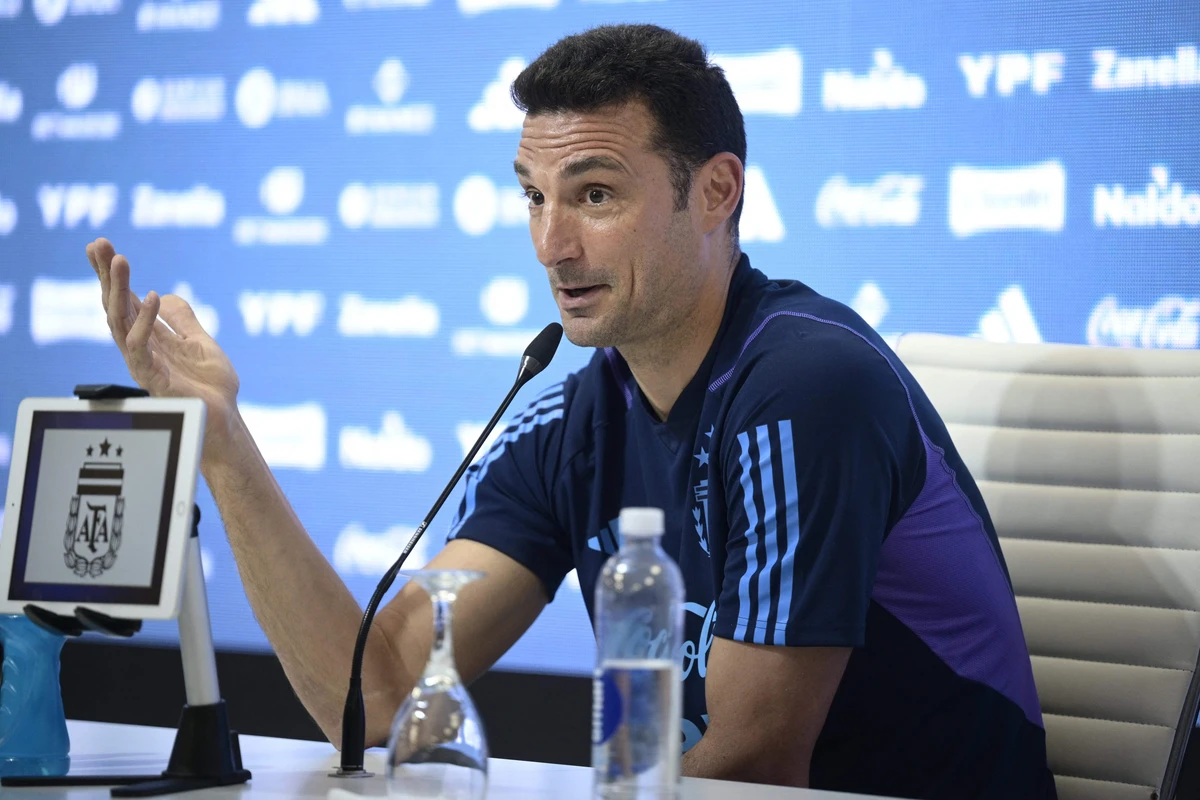 Argentina's coach Lionel Scaloni speaks during a press conference in Ezeiza, Buenos Aires. AFP