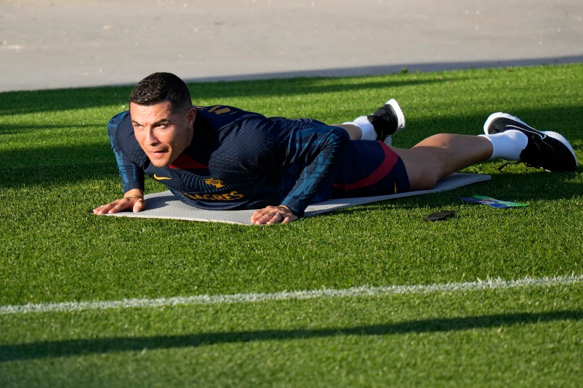 Portugal's Cristiano Ronaldo during a national football team training session in Oeiras, outside Lisbon, on March 20, 2023. (AP)